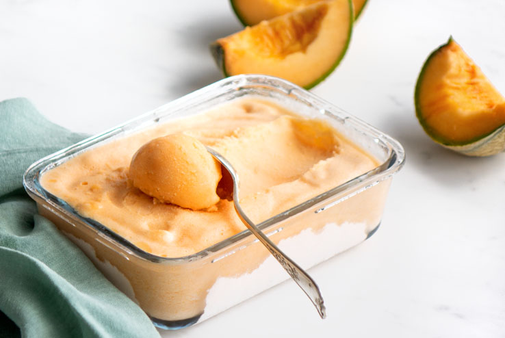 Sorbet melon maison 100% fruits dans son bac